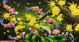 Tranh cá chép ao sen, tranh sơn dầu phong thuỷ SN90