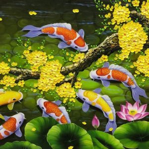 Tranh cá chép ao sen, tranh sơn dầu phong thuỷ SN90