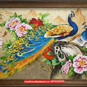 Tranh chim công đôi chim công hoa mẫu đơn SN46