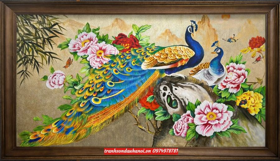 Tranh chim công đôi chim công hoa mẫu đơn SN46