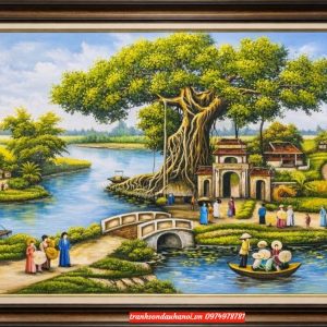 Tranh đồng quê, tranh phong cảnh đồng quê cây đa sân đình SN12