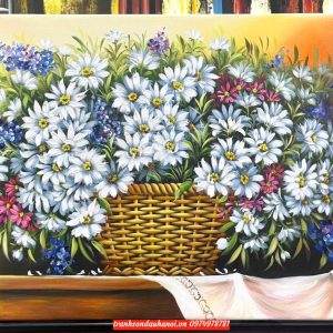 Tranh hoa cúc giỏ hoa cúc, tranh sơn dầu SN77