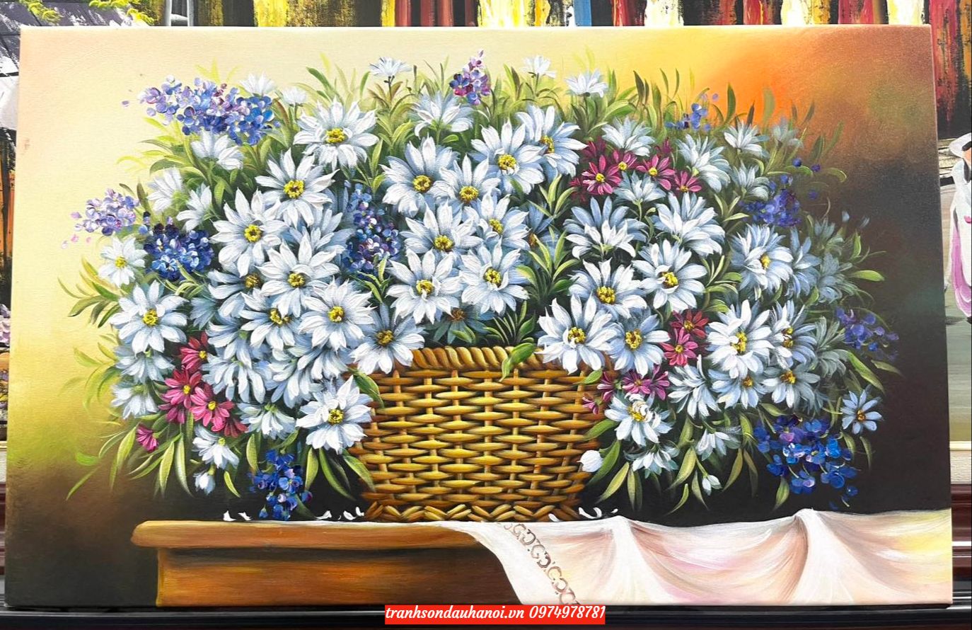 Tranh hoa cúc giỏ hoa cúc, tranh sơn dầu SN77