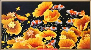 Tranh hoa sen sơn dầu, tranh hoa sen vàng đẹp SN18