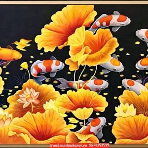 Tranh hoa sen sơn dầu, tranh hoa sen vàng đẹp SN18