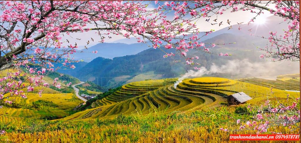 Tranh ruộng bậc thang, Tranh tây bắc cành hoa đào SN82